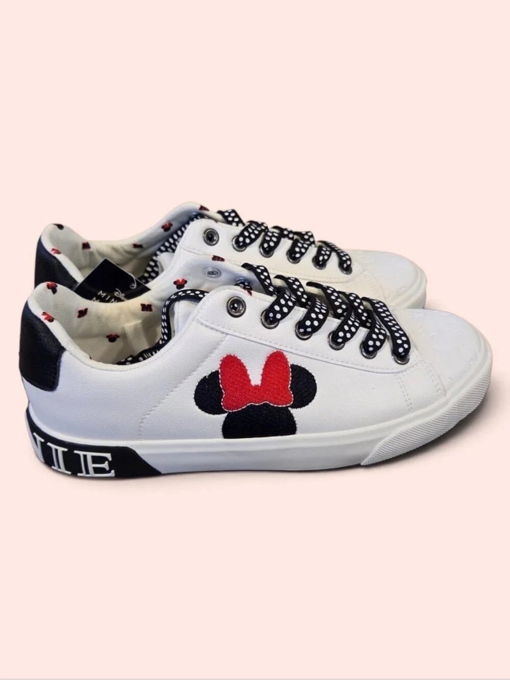 Kids White Minnie Mouse Accent Sneakers with Black & Red Details